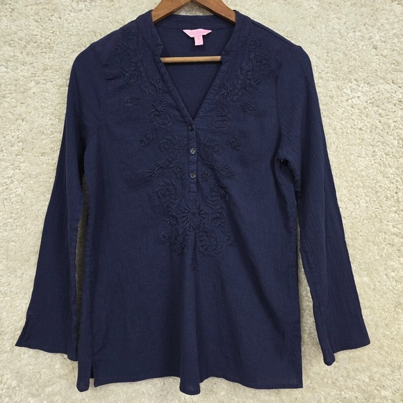 Lilly Pulitzer Shirt Womens Medium Blue Long Sleeve Tunic Embroidered‎ Gauzy - Picture 1 of 12